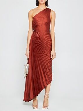 One-Shoulder Rust Red Pleated Midi Dress